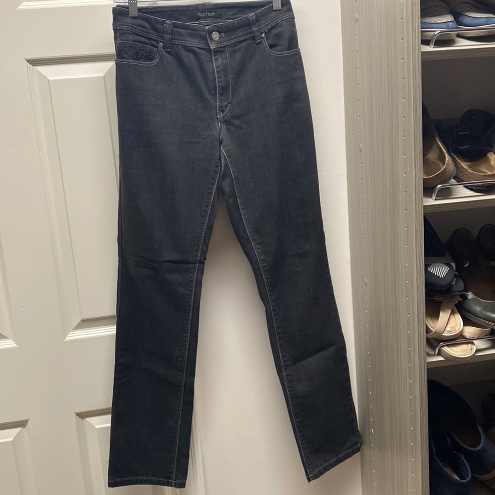 White House Back Market  black denim skinny jeans w/ embellishments on pockets